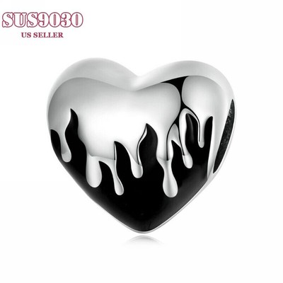 Melting Love Heart Charm Bead Black Silver Genuine 925 Sterling Silver