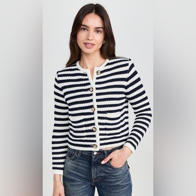 NEW Ba&sh Bash Gaspard Tweed Cardigan Jacket in Ecru Black Stripe | size 0 / XS