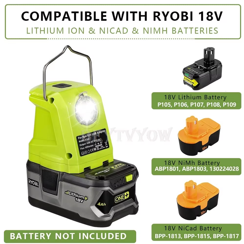 Portable Flashlight for Ryobi 18v Battery 420lm LED Work Light with 2 USB Ports