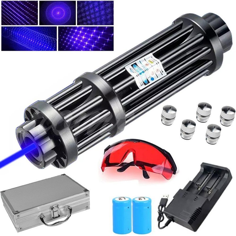 8000M Blue Laser Pointer Visible Beam Light Torch LazerPen+Battery+5 Head
