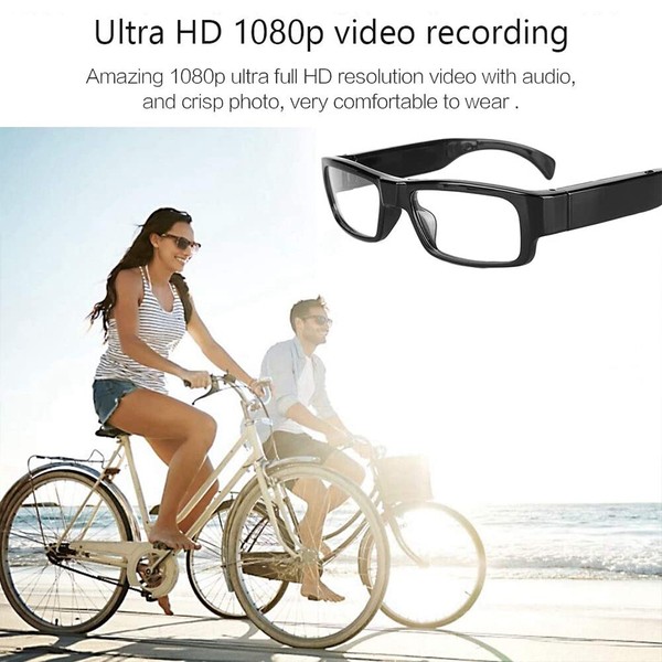 HD video recording sunglasses with cyclists on beach.