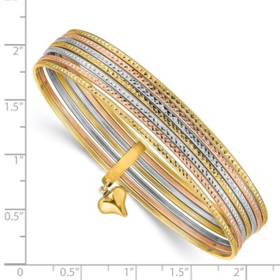 Pre-owned Superdealsforeverything Real 14kt W/dangle Heart Tri-color Set Of 7 Textured Slip-on Bangles
