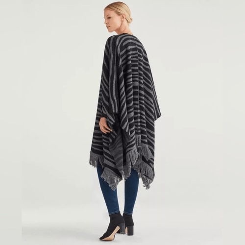 Pre-owned 7 For All Mankind Fringe Edge Zebra Wrap Poncho Msrp $425 Cashmere Blend In Gray