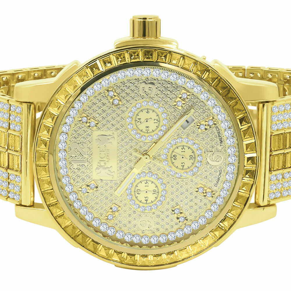 Pre-owned Ice House Real Diamond Dial Canary Gold Finish Custom Band Watch W/date Solid Steel Bezel