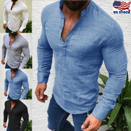 Fashion Mens T Shirt Long Sleeve Linen Shirts Casual Breatha