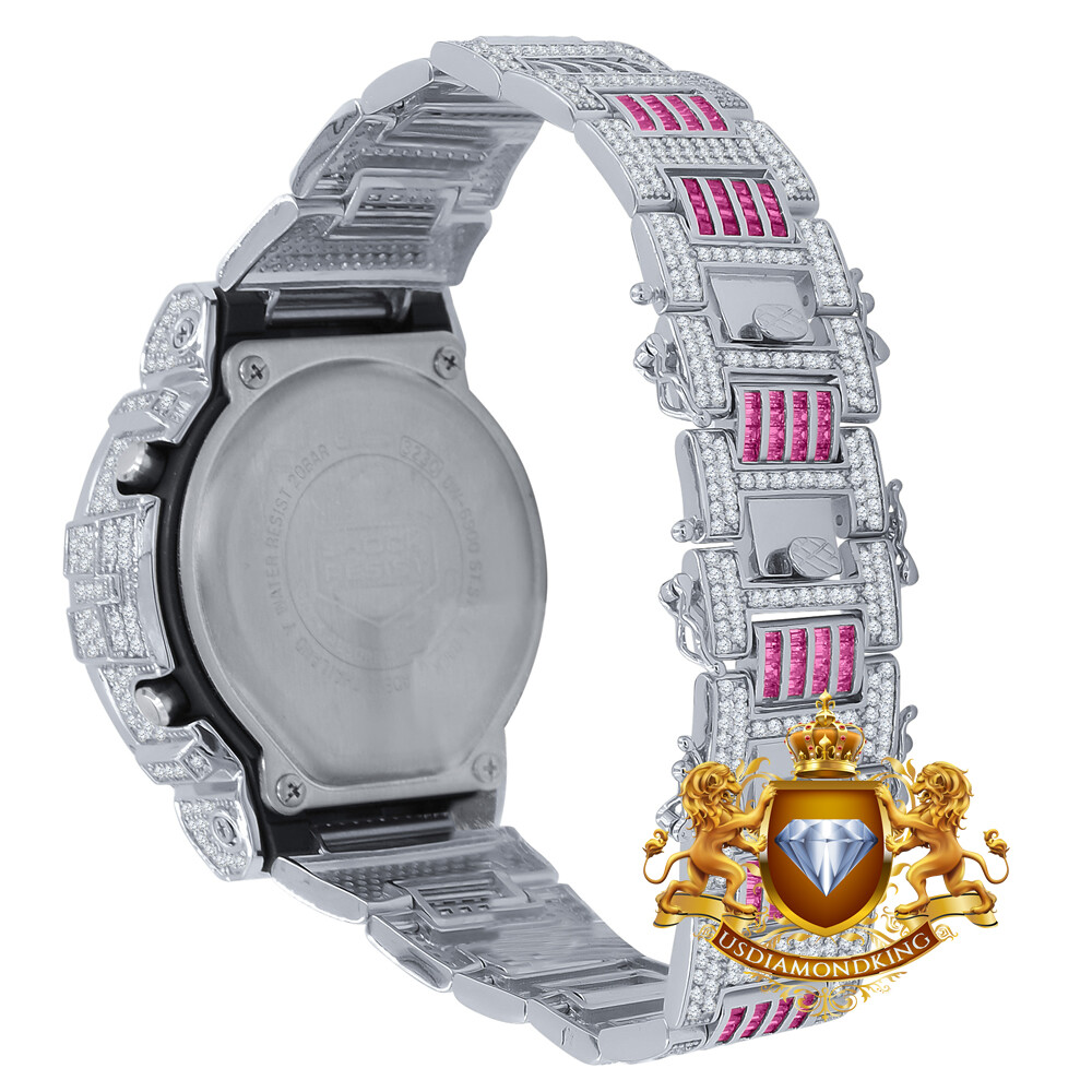 Pre-owned Usdiamondking Baguette Pink Tourmaline White Gold Casio Shock Authentic Dw-6900 Custom Watch