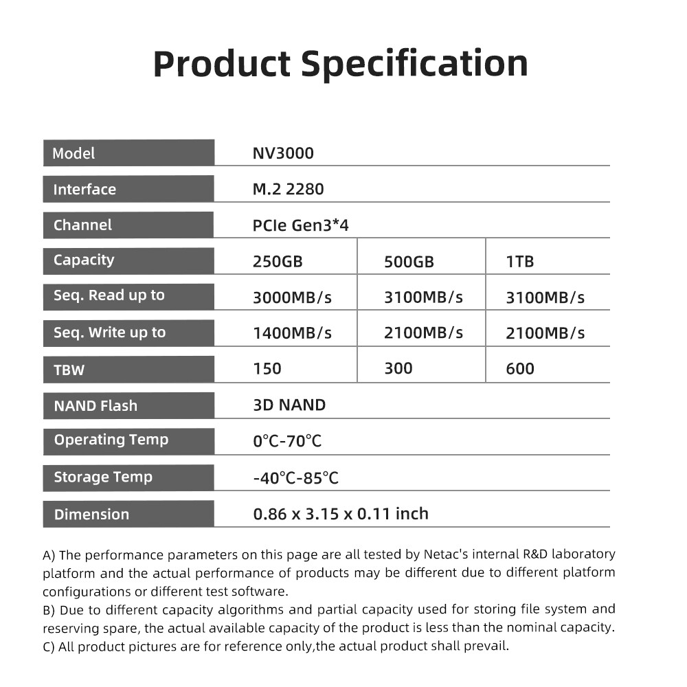 Netac 250GB Internal SSD Solid State Drive M.2 2280 PCIe Gen 3 x 4 NVMe 3000MB/s