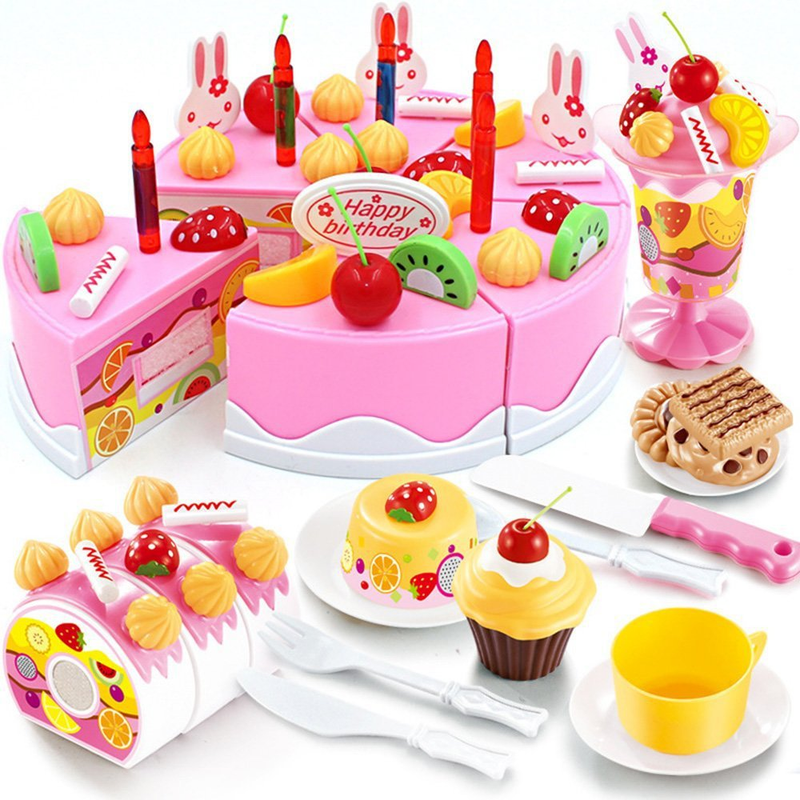 Birthday Cake Toy Play Food Set 75 Pieces Plastic Kitchen Cutting Toy