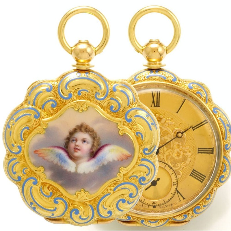 Rare Antique 18K Scalloped Edge Cherub Enameled Gold Dialed Lapel