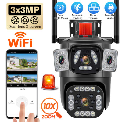 3 Lens 9MP Security Camera Wireless 4K HD WiFi IP PTZ Home Outdoor CCTV IR Cam