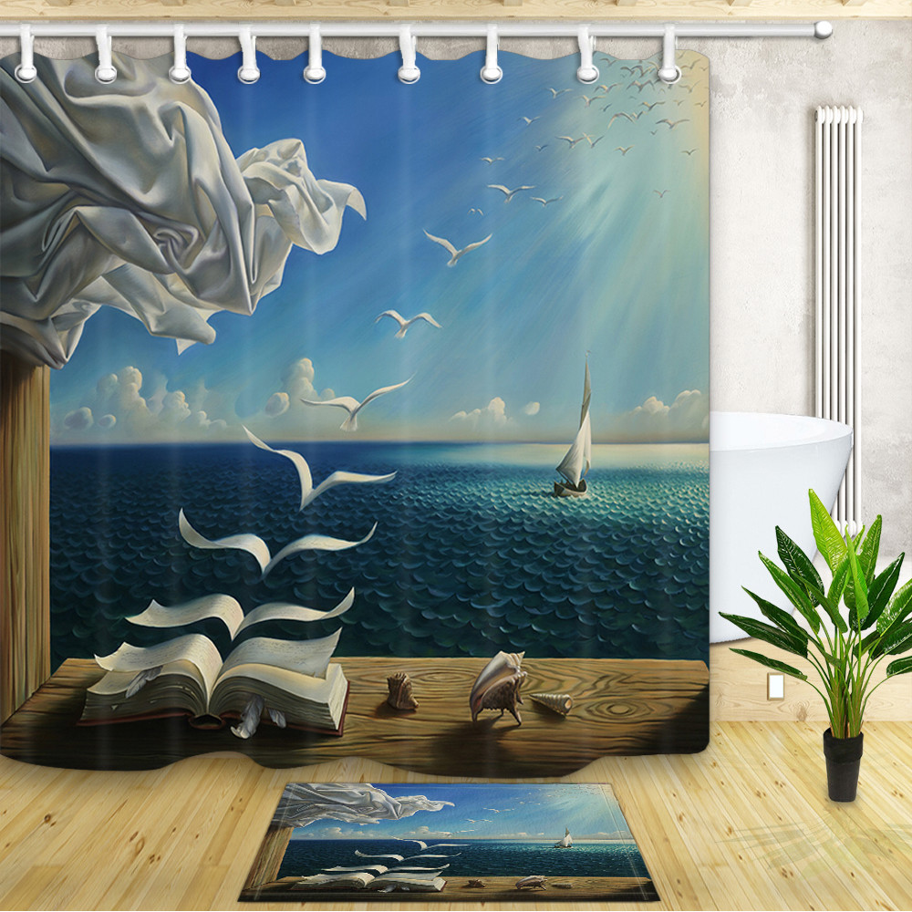 Book Page Seagull Sea Sailboat Curtain Shower Bathroom Fabric 12