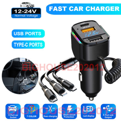 3-IN-1 Car Charger Retractable Cable Adapter 3 Port USB-C PD Fast Charging US