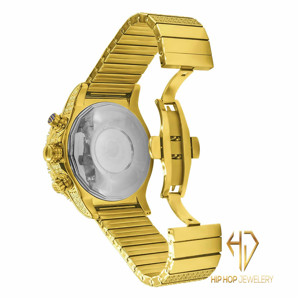 Pre-owned Blingmaster Men's Solid Stainless Steel Canary Gold Tone Finish Simulated Diamond Watch 48mm