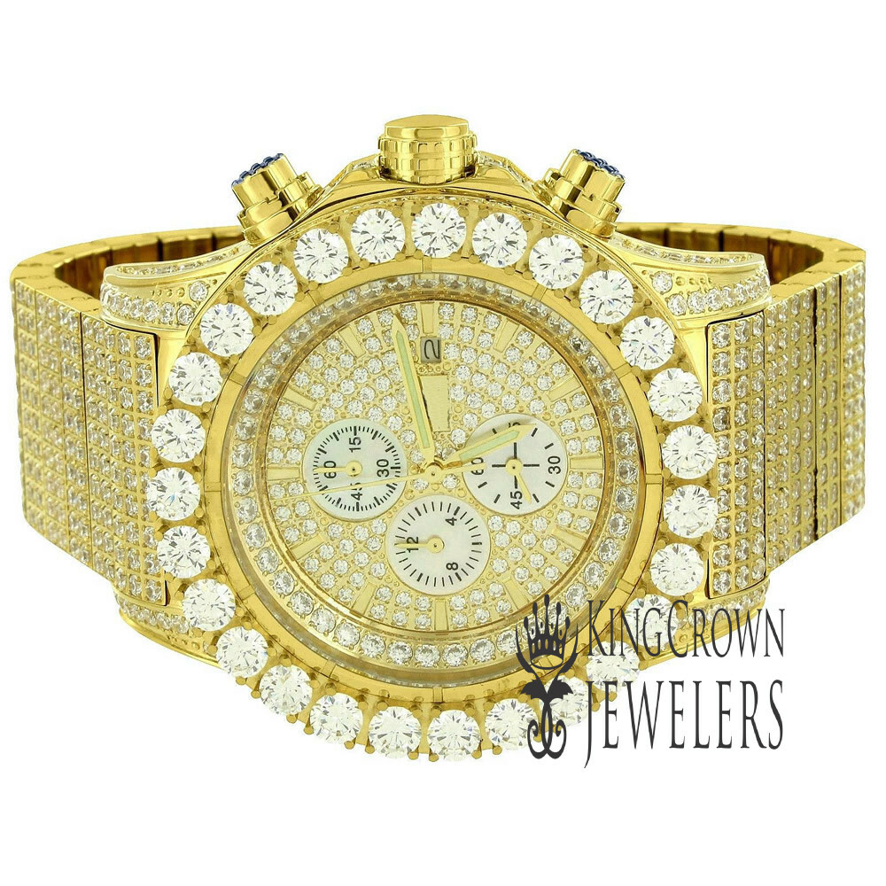 Pre-owned Bling Master Mens Solid Steel Yellow Gold Tone Jojino Joe Rodeo Simulated Diamonds Watch 48mm In Yellow With White Cz