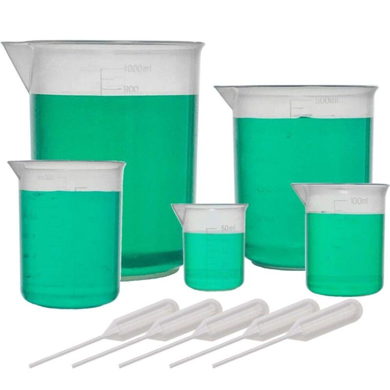 Plastic Beaker Set With 4ml Plastic Droppers, 5 Sizes, Molded Graduations