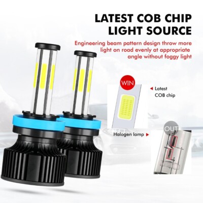 6-Sided H11 H9 H8 6500K LED Headlight Bulbs Kit Super Bright White High/Low Beam