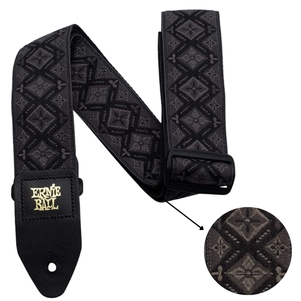 Ernie Ball Guitar Strap / Bass Strap REGAL BLACK Jacquard W- Leather Ends 4093