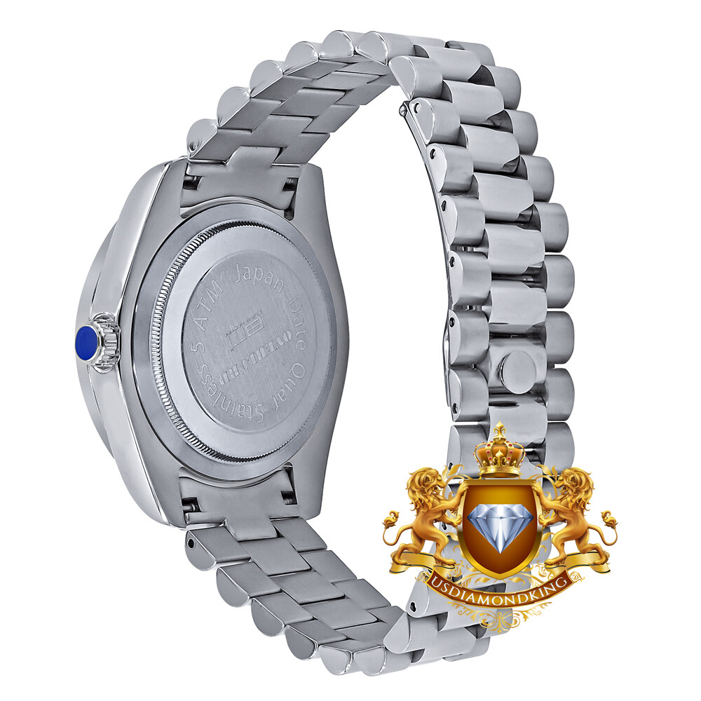 Pre-owned Bling Master Solid Steel 18k White Gold Tone Baguette Simulated Diamond President Watch 40mm