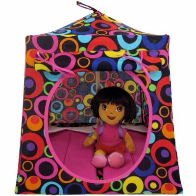 Black, Colorful Circle Print Toy Play Pop Up Tent, 2 Sleeping Bags, Handmade  