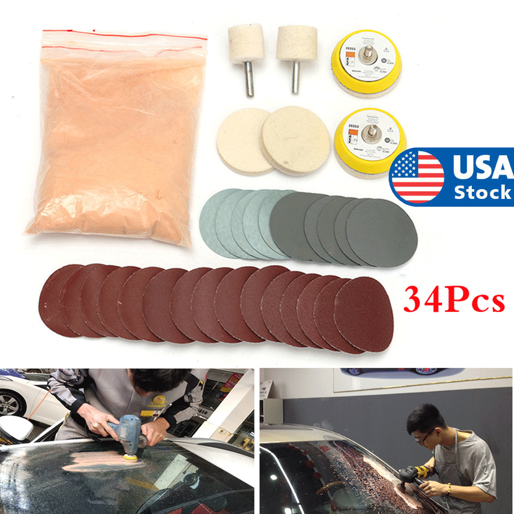 34Pcs Car Windshield Glass Scratch Remover Polishing Kit 8Oz Cerium Oxide Powder