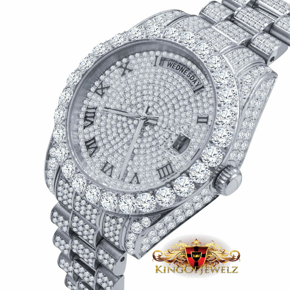 Pre-owned Bling Master 18k White Gold Finish Solid Stainless Steel Day Date Roman Dial Solitaire Bezel