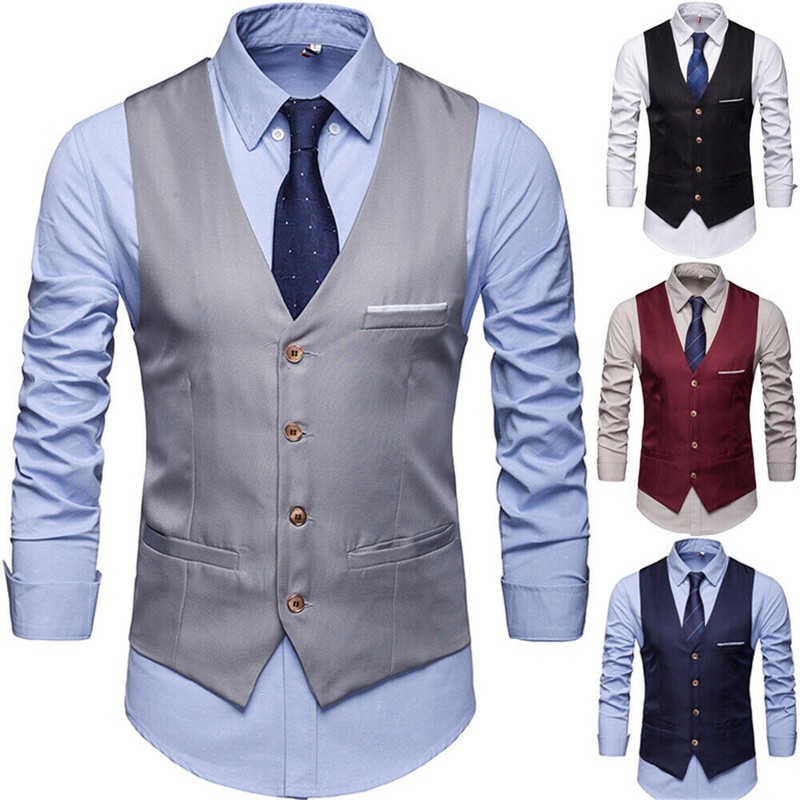 Mens Formal Sleeveless Single-Breasted Suit Vest Business Dress Waistcoat Tops