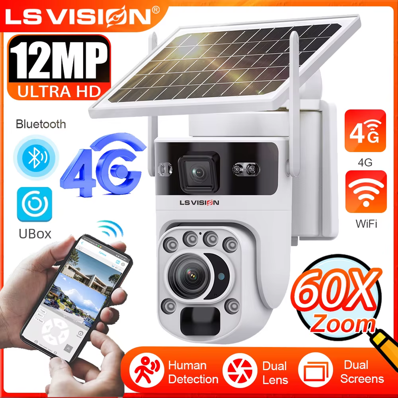12MP 4G LTE Solar Camera Dual Lens 60X ZOOM WiFi Security Camera PTZ Human Detec