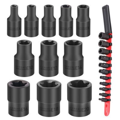 11PC Female E-TORX Star Socket Set External E4-E20 Torque 3/8'' 1/4'' Dr. & Rail