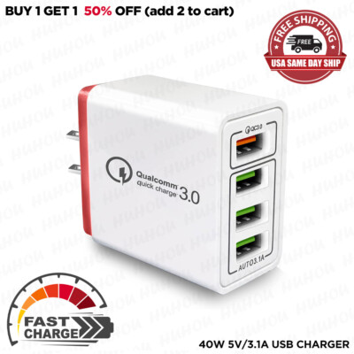 US 4 Port Fast Quick Charge QC 3.0 USB Hub Wall Home Charger Power Adapter Plug