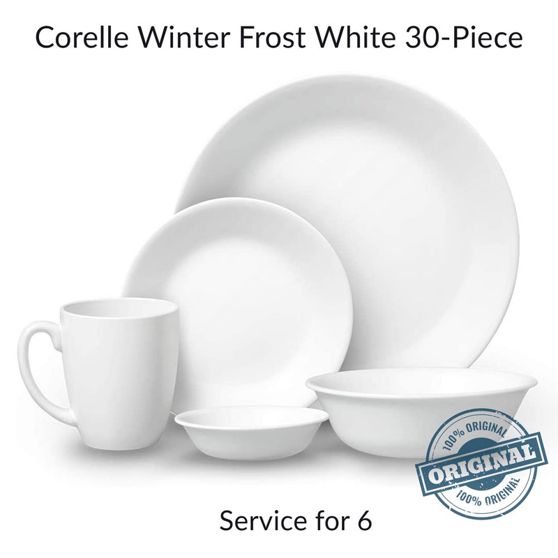 Corelle Winter Frost White 30 pcs Dinnerware Set, Vitrelle Glass, Service for 6