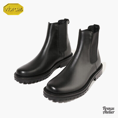 Firenze Atelier Men's Matt Black Leather Round Toe Chelsea Boots Vibram Lug-Sole