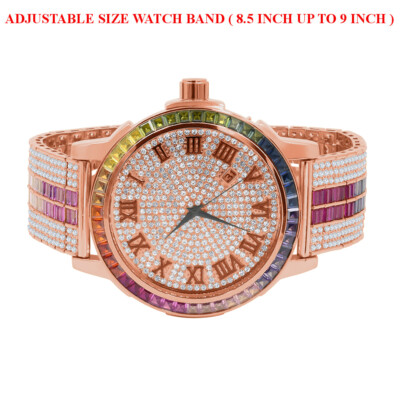 Pre-owned Ice House Mens Rose Gold Roman Numeral Rainbow Multi Dial Solid Steel Bezel Diamond Watch