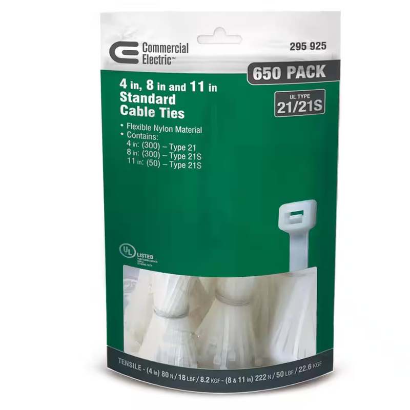 Cable Zip Ties Assorted 4in 8in 11in Heavy Duty UL Rated 650 Pack White Flexible