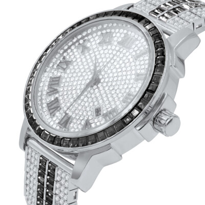 Pre-owned Ice House Roman Face White Gold Tone Black Onyx Solid Steel Bezel Simulated Diamond Watch