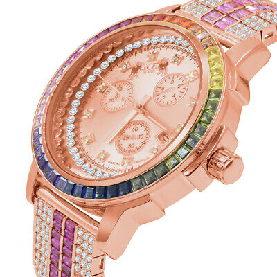 Pre-owned Ice House 18k Rose Gold Tone Solid Steel Bezel Real Diamond Dial Rainbow Multi Tone Watch
