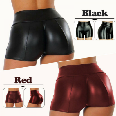 Women PU Leather Booty Shorts Stretchy Wet Look Hot Pants High Waist Black  S-5XL