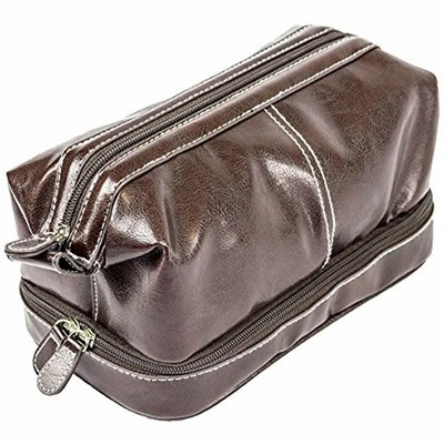 Mens Toiletry Bags Bottom Zip Bag, Vegan Leather Top Frame Travel Kit, Brown