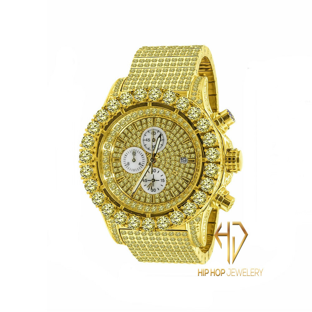 Pre-owned Blingmaster Men's Solid Stainless Steel Canary Gold Tone Finish Simulated Diamond Watch 48mm