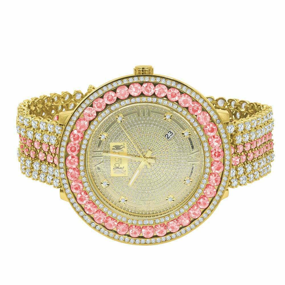 Pre-owned Ice House Men's Custom Big Face Xxl Multi Color Cz Band & Remove Able Bezel Wrist Watch