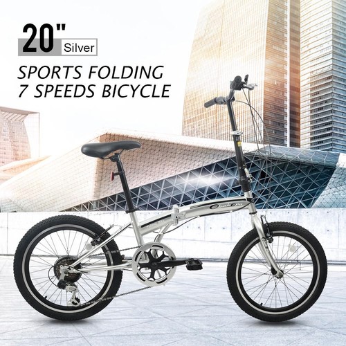 20" Folding Bike 7 Speeds Bicycle Shimano Gear Hybrid Foldable Sport New Silver