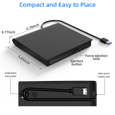 USB 3.0 Slim External CD DVD Drive Disc Player Burner Writer For Laptop PC Mac