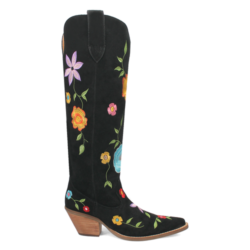 Pre-owned Dingo Flower Power Embroidered Floral Snip Toe Cowboy Womens Black Casual Boots