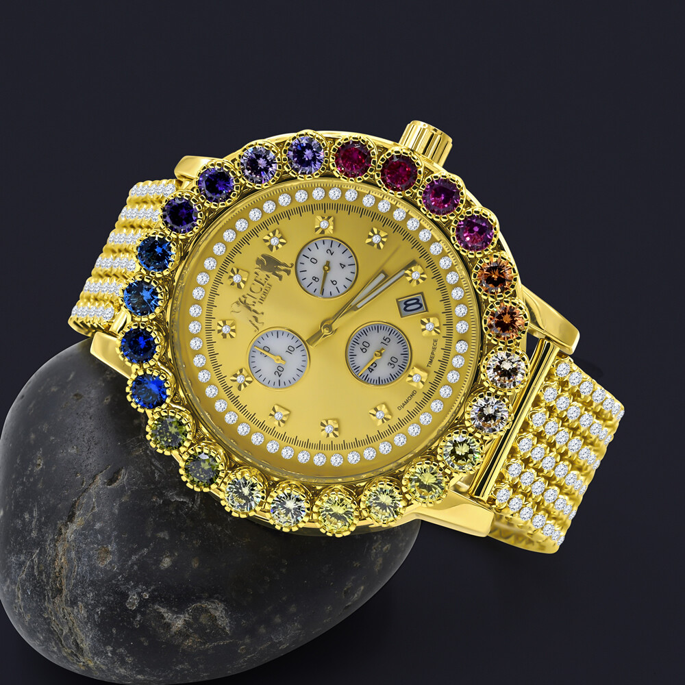 Pre-owned Ice House Real Diamond Solitaire Dial Rainbow Multi Gold Tone Men's Custom Xl Watch 55mm