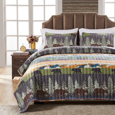 BEAUTIFUL COZY LOG CABIN LODGE RED GREEN BEIGE DEER MOOSE BEAR PLAID  QUILT SET 