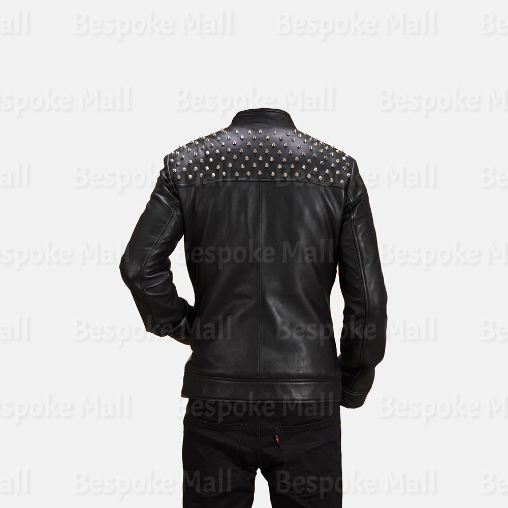 Pre-owned Handmade Men's Black White Half Silver Studded Cowhide Motorbike Leather Jacket-130 In All Colors