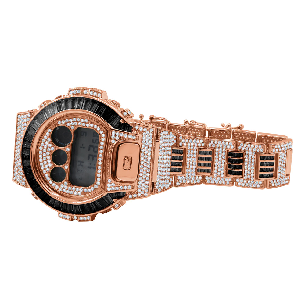 Pre-owned Usdiamondking Baguette Black Onyx Rose Gold Tone Casio Shock Authentic Dw-6900 Custom Watch