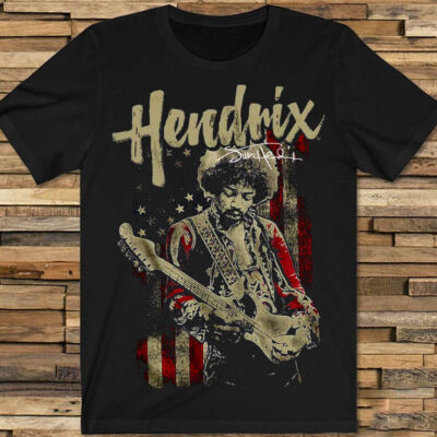 Hot Jimi Hendrix Guitar USA Flag T-Shirt Black All Size T-Shirt 1C230