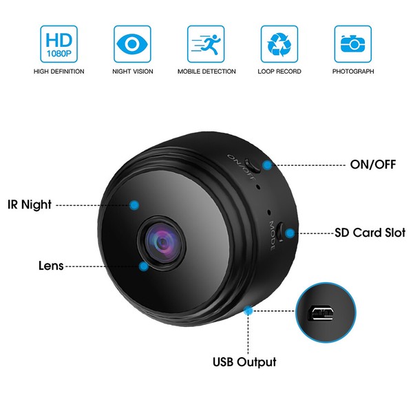 Compact HD 1080p night vision security camera with features.