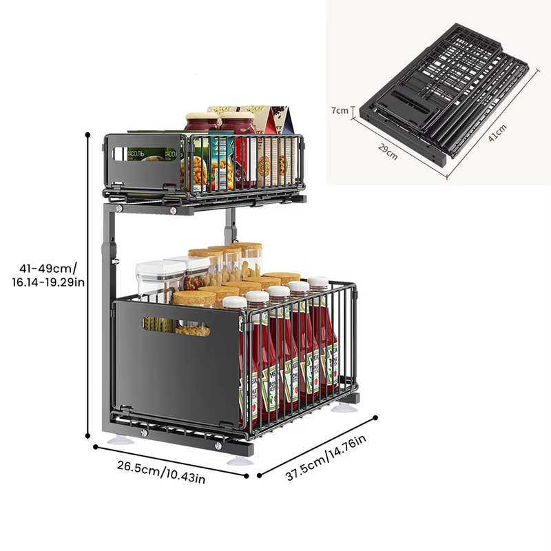 Organisateur d’Armoire Extractible 2 Niveaux–Support Cuisine Réglable en Hauteur