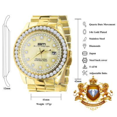 Pre-owned Usdiamondking Mens Stainless Steel Solitaire 18k Yellow Gold Tone Simulated Diamond 41mm Watch